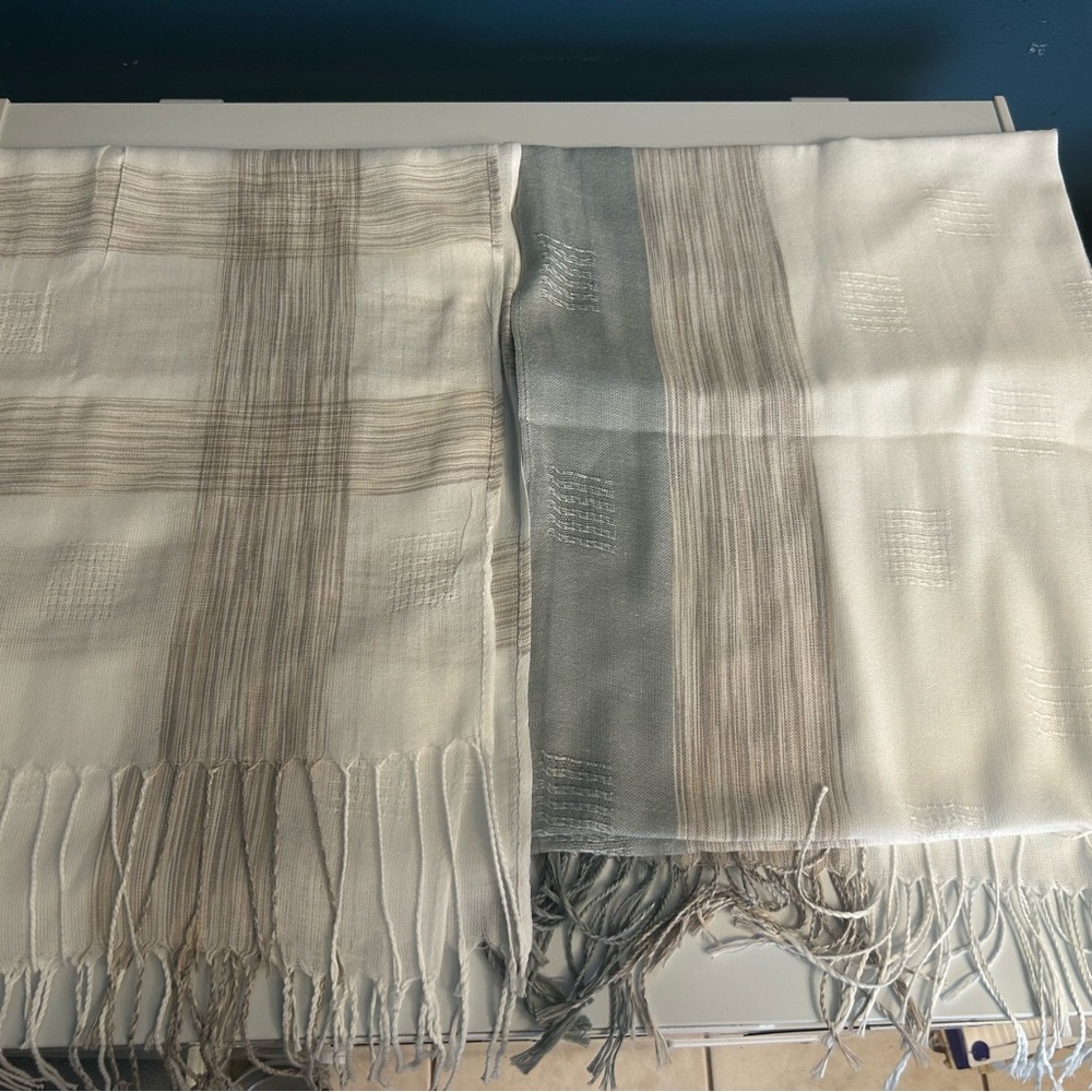 Elegant Cream and Gray Fringed Scarves